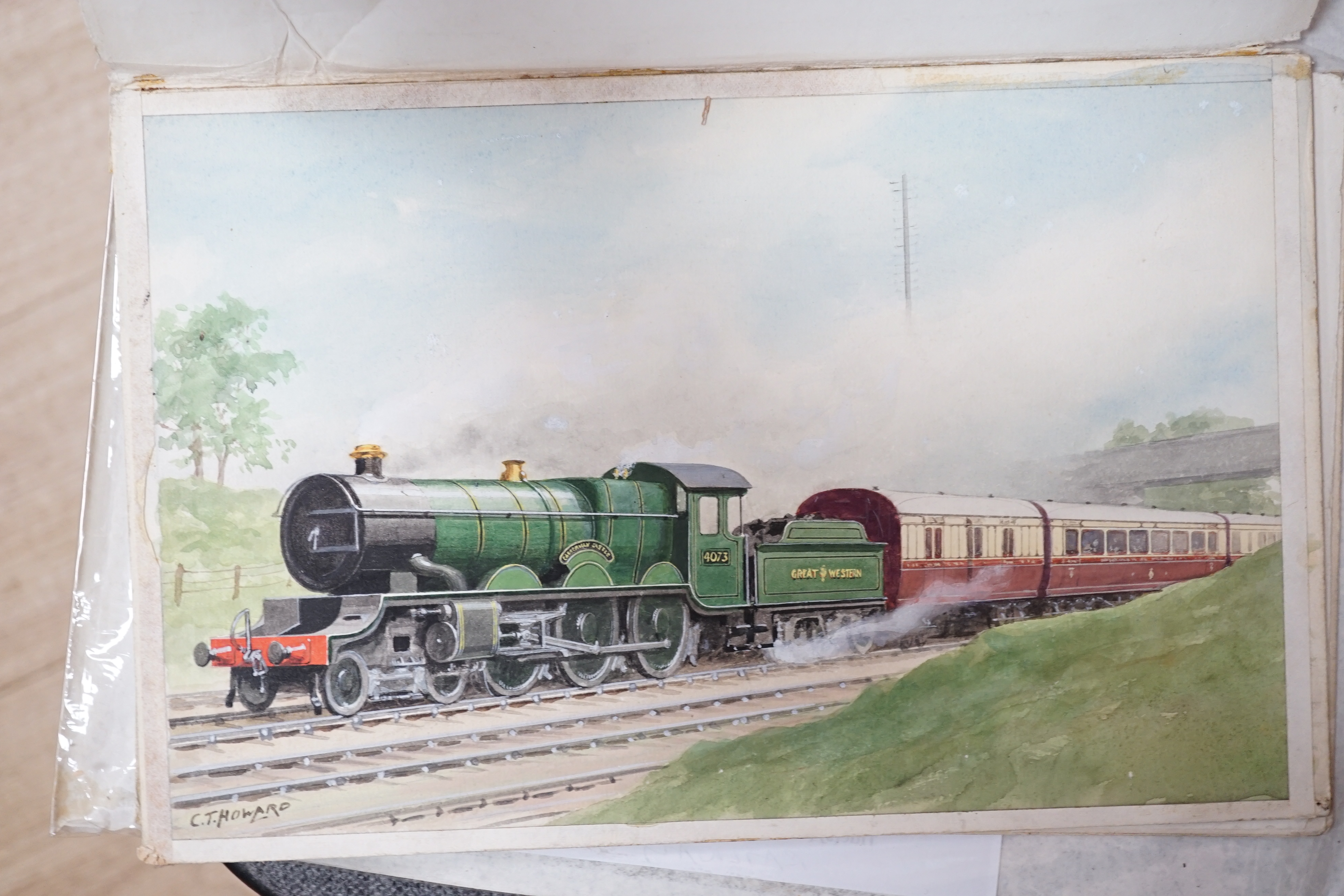 Charles Thomas Howard (1865-1942), set of four original watercolours for postcard designs, steam locomotives comprising ‘Scotch Express, LMS Railway’, ‘Caerphilly Castle, GWR’, ‘Lord Duncan, Southern Railway’ & ‘W1- Hush